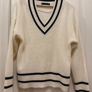 Mango Varsity V-Neck Sweater - Cream with Black Accents